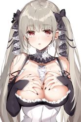 Rule 34 | 1girl, azur lane, bare shoulders, between breasts, black dress, black nails, blush, breasts, breasts out, clothes pull, covering privates, covering breasts, dress, dress pull, earrings, formidable (azur lane), frilled dress, frills, grey hair, hair ribbon, hands on own chest, has bad revision, has downscaled revision, highres, jewelry, large breasts, long hair, looking at viewer, md5 mismatch, nail polish, parted lips, red eyes, resolution mismatch, revision, ribbon, simple background, sino (sionori), solo, source smaller, twintails, two-tone ribbon, very long hair, white background