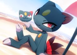 Rule 34 | 1girl, :3, animal ears, beach, beach umbrella, blue sky, claws, closed mouth, cloud, creatures (company), day, dutch angle, female focus, food, forehead jewel, full body, furry, furry female, game freak, gen 2 pokemon, hand up, happy, highres, holding, horizon, jpeg artifacts, knees up, crossed legs, looking at viewer, nintendo, ocean, outdoors, pokemon, pokemon (creature), popsicle, protodesu, red eyes, sand, sitting, sky, slit pupils, smile, sneasel, solo, tail, umbrella, water