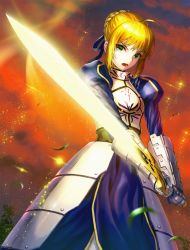 Rule 34 | 1girl, ahoge, armor, armored dress, artoria pendragon (all), artoria pendragon (fate), blonde hair, dress, excalibur (fate/stay night), fate/stay night, fate (series), gauntlets, green eyes, hair ribbon, kfr, leaf, looking at viewer, open mouth, ribbon, saber (fate), solo, sword, weapon