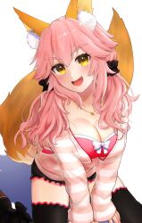 1girl animal_ear_fluff animal_ears blush breasts cleavage commentary_request fang fate/extra fate/extra_ccc fate_(series) fox_ears fox_girl fox_tail highres large_breasts long_hair looking_at_viewer official_alternate_costume official_alternate_hairstyle open_mouth pink_hair shadow simple_background sitting solo tail tamamo_(fate) tamamo_no_mae_(fate/extra) tamamo_no_mae_(spring_casual)_(fate) wavy_hair white_background yatukachan yellow_eyes