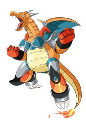 Rule 34 | absurdres, charizard, clenched hands, commentary request, creatures (company), fangs, fire, flame-tipped tail, full body, game freak, gen 1 pokemon, highres, horns, mechanization, mega man (series), mega man x (series), nintendo, no humans, open mouth, parody, pokemon, pokemon (creature), solo, spray poka, style parody, tongue, transparent background