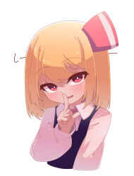 Rule 34 | 1girl, ascot, black vest, blonde hair, blush, collared shirt, finger to mouth, hair ribbon, highres, index finger raised, long sleeves, looking at viewer, open mouth, oyatu potage, red ascot, red eyes, red ribbon, ribbon, rumia, shirt, short hair, shushing, simple background, solo, touhou, upper body, vest, white background, white shirt