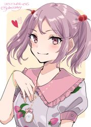 Rule 34 | 1girl, blush, closed mouth, dated, dress, food print, grey dress, hair bobbles, hair ornament, heart, highres, johssnny, kantai collection, light smile, one-hour drawing challenge, pink eyes, pink hair, puffy short sleeves, puffy sleeves, sazanami (kancolle), short hair, short sleeves, solo, strawberry print, twintails, twitter username, upper body