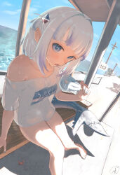 Rule 34 | 1girl, absurdres, arm support, artist logo, artist name, barefoot, bench, blue eyes, blue hair, blue nails, blue sky, blunt bangs, blush, breasts, clothes writing, cloud, collarbone, commentary, crab, dutch angle, fins, fish tail, fisheye, food, foreshortening, gawr gura, hair intakes, hair ornament, highres, holding, holding food, holding popsicle, hololive, hololive english, horizon, hot, knees together feet apart, looking at viewer, medium hair, multicolored hair, nail polish, no bra, no pants, ocean, off shoulder, on bench, open mouth, popsicle, saku28364931, see-through silhouette, shadow, shark hair ornament, shark tail, shirt, sidelocks, sign, signature, single bare shoulder, sitting, sky, small breasts, solo, streaked hair, summer, sweat, t-shirt, tail, toes, train, train station platform, two side up, utility pole, very sweaty, virtual youtuber, water, wet, wet clothes, wet shirt, white hair, white shirt