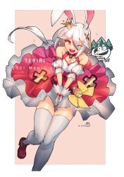Rule 34 | 1girl, :d, animal ears, clothes lift, crown, dress, egg, fox ears, hair between eyes, hair ornament, highres, honkai (series), honkai impact 3rd, leg up, looking to the side, one eye closed, open mouth, pink background, pink dress, pink eyes, pink footwear, shoes, side ponytail, skirt, skirt lift, smile, teeth, theresa apocalypse, theresa apocalypse (sakuno rondo), thighhighs, two-tone background, white background, white hair, white thighhighs, wu-qiao