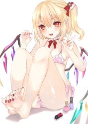 Rule 34 | 1girl, :o, arms up, bad id, bad twitter id, bare shoulders, blonde hair, blush, bow, bra, breasts, cismlyri, cleavage, collarbone, commentary request, crystal, detached collar, eyelashes, fang, feet, flandre scarlet, full body, gluteal fold, hair bow, highres, knees, nail polish, nail polish bottle, one side up, open mouth, panties, pink bra, pink panties, pointy ears, red bow, red eyes, red nails, short hair, side ponytail, sidelocks, signature, simple background, sitting, small breasts, solo, teddy bear hair ornament, thighs, toenail polish, toenails, toes, tongue, touhou, underwear, white background, wings
