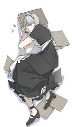 Rule 34 | 1boy, alternate costume, apron, black dress, black footwear, character request, closed eyes, closed mouth, commentary request, copyright request, crossdressing, dress, enmaided, frills, full body, grey hair, highres, korean commentary, lying, maid, maid apron, maid headdress, male focus, on side, sharks line2, short hair, simple background, sleeveless, sleeveless dress, solo, white background, zzz