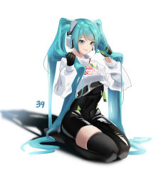 Rule 34 | 1girl, 39, absurdres, aqua eyes, aqua hair, asymmetrical bodysuit, black bodysuit, black gloves, black thighhighs, bodysuit, boots, clothes writing, covered navel, crop top, crop top overhang, full body, gloves, hands up, hatsune miku, headphones, highres, holding, holding own hair, long hair, long sleeves, looking away, racing miku, racing miku (2022), see-through, see-through silhouette, see-through sleeves, seiza, shiny clothes, simple background, single thigh boot, single thighhigh, sitting, skindentation, smile, solo, thigh boots, thighhighs, turtleneck, twintails, uth 95, very long hair, vocaloid, white background
