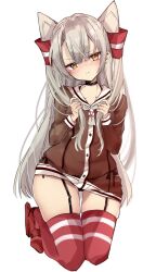 Rule 34 | 1girl, amatsukaze (kancolle), black dress, blush, breasts, chigasaki yukari, closed mouth, commentary request, dress, flying sweatdrops, garter straps, grey hair, hair between eyes, hair tubes, highres, kantai collection, kneeling, long hair, long sleeves, looking at viewer, orange eyes, rudder footwear, sailor collar, sailor dress, simple background, small breasts, solo, striped clothes, striped thighhighs, thighhighs, trembling, two side up, very long hair, white background, white sailor collar