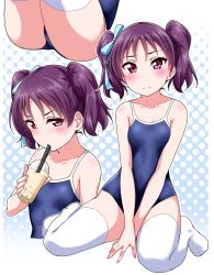 Rule 34 | 10s, 1girl, ass, blush, breasts, collarbone, competition school swimsuit, drink, embarrassed, hair ribbon, kazuno leah, looking at viewer, love live!, love live! sunshine!!, multiple views, one-piece swimsuit, purple eyes, purple hair, ribbon, school swimsuit, short twintails, sitting, small breasts, swimsuit, thighhighs, twintails, yopparai oni