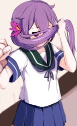 Rule 34 | 10s, 1girl, akebono (kancolle), blurry, clenched hand, covering face, depth of field, flower, hair flower, hair ornament, highres, holding, holding another&#039;s wrist, holding own hair, kantai collection, long hair, looking at viewer, momo (higanbana and girl), purple eyes, purple hair, school uniform, serafuku, side ponytail, skirt, solo