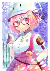 Rule 34 | 1girl, animal ears, animal hat, blurry, blurry background, blush, breasts, cat ears, cat hat, closed mouth, collared shirt, commentary request, depth of field, dress shirt, fake animal ears, glasses, hair between eyes, hair ornament, hairclip, hand up, hat, holding, kou hiyoyo, looking at viewer, original, pink hair, pink skirt, pleated skirt, puffy short sleeves, puffy sleeves, purple eyes, red-framed eyewear, red ribbon, ribbon, semi-rimless eyewear, shirt, short sleeves, skirt, small breasts, solo, under-rim eyewear, white hat, white shirt