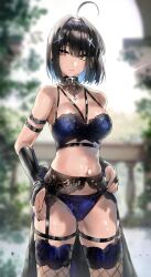 Rule 34 | 1girl, absurdres, ahoge, arm belt, armpit crease, bare shoulders, belt, black bra, black choker, black hair, black nails, blue bra, blue panties, blurry, blurry background, bra, breasts, bridal gauntlets, brown eyes, choker, closed mouth, cowboy shot, depth of field, ear piercing, fishnet thighhighs, fishnets, garter belt, gluteal fold, hair ornament, hand on own hip, highres, irene (kanniiepan), kanniiepan, lace, lace-trimmed bra, lace trim, large breasts, lingerie, looking at viewer, mole, mole on breast, mole under eye, multi-strapped bra, multiple belts, nail polish, navel, original, panties, piercing, short hair, solo, standing, stomach, string bra, thigh strap, thighhighs, thighs, underwear, underwear only, waist cape, x hair ornament