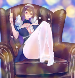 Rule 34 | 1girl, absurdres, armchair, breasts, chair, cleavage, feet, glass, highres, large breasts, long hair, looking at viewer, maid, maid headdress, pantyhose, red eyes, soles, toes, white pantyhose