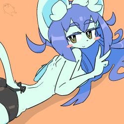 Rule 34 | 1girl, anibel (shinde yomigaetta amboyna), blue hair, breasts, cat, dutch angle, female focus, furry, furry female, light smile, long hair, looking at viewer, lying, no bra, on stomach, panties, shinde yomigaetta amboyna, simple background, smile, solo, tail, the amboina, underwear, v