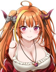 Rule 34 | 1girl, absurdres, ahoge, blonde hair, blush, breasts, cleavage, closed mouth, highres, hololive, horns, jan azure, jewelry, kiryu coco, kiryu coco (loungewear), large breasts, looking at viewer, multicolored hair, necklace, orange hair, pointy ears, red eyes, smile, solo, streaked hair, twintails, upper body, virtual youtuber