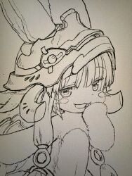 Rule 34 | 1other, animal ears, animal hands, blunt bangs, blush stickers, commentary request, furry, hand on own chin, helmet, highres, lineart, long hair, looking at viewer, made in abyss, nanachi (made in abyss), open mouth, photo (medium), rabbit ears, sketch, smile, solo, traditional media, tsukushi akihito, upper body, whiskers