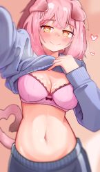 Rule 34 | 1girl, absurdres, afterglow (1286237), animal ears, arknights, black bow, blue shorts, blush, bow, bow bra, bra, breasts, cat ears, cat girl, cat tail, clothes lift, cum, cum on body, cum on breasts, cum on upper body, floppy ears, goldenglow (arknights), heart, heart-shaped pupils, heart tail, highres, lifted by self, long hair, long sleeves, looking at viewer, medium breasts, navel, orange bow, outstretched arm, pink bra, pink hair, selfie, shorts, simple background, smile, solo, stomach, sweater, sweater lift, symbol-shaped pupils, tail, underwear, yellow eyes