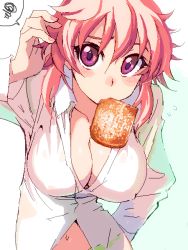 Rule 34 | 1girl, blush, bread slice, breasts, cleavage, flower, food, food in mouth, green panties, kusanagi tonbo, large breasts, looking at viewer, mouth hold, navel, original, panties, pink hair, purple eyes, simple background, solo, toast, toast in mouth, underwear, white background