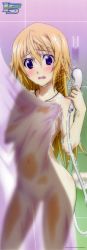Rule 34 | 10s, 1girl, absurdres, bathing, bathroom, blonde hair, blush, charlotte dunois, collarbone, contrapposto, covering privates, d:, embarrassed, highres, infinite stratos, jewelry, long hair, long image, looking at viewer, navel, necklace, nude, nude cover, official art, open mouth, purple eyes, see-through, see-through silhouette, short hair, shower curtain, shower head, silhouette, solo, standing, stick poster, tall image, tareme, wet, yumizuru izuru