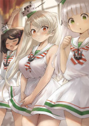 Rule 34 | 3girls, anchor necklace, black hair, blunt bangs, blurry, breasts, brown eyes, commentary request, conte di cavour (kancolle), cosplay, cowboy shot, depth of field, dress, green eyes, grey hair, jewelry, kantai collection, large breasts, libeccio (kancolle), libeccio (kancolle) (cosplay), long hair, maestrale (kancolle), matching outfits, mole, mole under eye, multiple girls, necklace, one eye closed, ribbon, sailor dress, scirocco (kancolle), short hair, sleeveless, sleeveless dress, toka (marchlizard), two side up, white dress, white ribbon, yawning