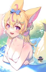 Rule 34 | 1girl, ahoge, alternate costume, alternate hairstyle, animal ears, bikini, black hair, blonde hair, blue bow, blurry, blush, bokeh, bow, breasts, cleavage, commentary, crossed arms, day, depth of field, eyelashes, fox ears, fox girl, fox tail, grass, hair between eyes, hair bow, heart, heart-shaped pupils, highres, hololive, kio is here, long hair, looking at viewer, medium breasts, multicolored hair, omaru polka, open mouth, outdoors, pink bikini, pink hair, ponytail, purple eyes, scrunchie, smile, solo, streaked hair, sunlight, swimsuit, symbol-shaped pupils, tail, twitter username, upper body, virtual youtuber, wading pool, wet, wet hair, zain (omaru polka)