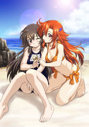 Rule 34 | 2girls, barefoot, beach, bikini, day, female focus, food, ice cream, lens flare, looking at viewer, multiple girls, name tag, one-piece swimsuit, one eye closed, orange bikini, outdoors, school swimsuit, soft serve, swimsuit, tongue, tongue out, yuri