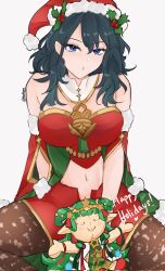 Rule 34 | 1girl, bare shoulders, blue eyes, blue hair, byleth (female) (fire emblem), byleth (female) (frosty professor) (fire emblem), byleth (fire emblem), character doll, christmas, commentary request, detached sleeves, fire emblem, fire emblem: three houses, fire emblem heroes, grey background, hat, highres, long hair, looking at viewer, mistletoe hair ornament, navel, nintendo, official alternate costume, pantyhose, parted lips, red shorts, santa hat, serafineart1001, short shorts, shorts, simple background, sitting, solo, sothis (fire emblem), stomach, stuffed toy, thighs