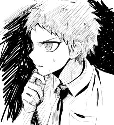 Rule 34 | 1boy, breast pocket, clenched teeth, collared shirt, danganronpa (series), danganronpa 2: goodbye despair, erigushi, from side, greyscale, hand on own chin, hand up, hinata hajime, male focus, monochrome, multicolored background, necktie, pocket, pointy nose, shirt, short hair, solo, sweat, teeth