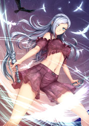 Rule 34 | 1girl, adsouto, bird, blue eyes, blush, breasts, crow, dual wielding, eyes visible through hair, hair over one eye, highres, holding, large breasts, long hair, looking at viewer, rwby, sword, tagme, weapon, white hair, winter schnee