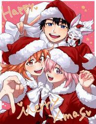 Rule 34 | 1boy, 2girls, absurdres, alternate costume, amami tokko, black hair, blue eyes, blush, christmas, commentary request, creature, creature on shoulder, english text, fate/grand order, fate (series), fou (fate), fujimaru ritsuka (female), fujimaru ritsuka (female) (white christmas), fujimaru ritsuka (male), fujimaru ritsuka (male) (white christmas), fur-trimmed headwear, fur-trimmed robe, fur-trimmed sleeves, fur trim, hair over one eye, hat, highres, holding, holding sack, long sleeves, looking at viewer, mash kyrielight, merry christmas, multiple girls, official alternate costume, on shoulder, one eye covered, open mouth, orange hair, pink hair, purple eyes, red headwear, red robe, robe, sack, santa hat, teeth, upper teeth only, v