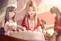 Rule 34 | 1boy, 3girls, :d, aerith gainsborough, aqua eyes, arm guards, black sports bra, breasts, brown eyes, cake, chef hat, detached sleeves, dress, drill hair, final fantasy, final fantasy vii, final fantasy vii remake, food, fruit, hat, height difference, icing, jacket, large breasts, long hair, mirrorclew, multiple girls, open mouth, parted bangs, pastry bag, pink dress, red eyes, red jacket, short hair, smile, sports bra, square enix, strawberry, swept bangs, tank top, tifa lockhart, vincent valentine, white tank top, yuffie kisaragi