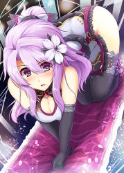 Rule 34 | 1girl, all fours, black gloves, black thighhighs, blush, breasts, chinese clothes, cleavage, cleavage cutout, clothing cutout, crawling, cu-no, elbow gloves, flower, flower on head, gloves, hair flower, hair ornament, hisen kaede, kikyou-0423, lace, lace-trimmed legwear, lace trim, large breasts, legs, looking at viewer, official art, petals, purple eyes, purple hair, solo, thighhighs, thighs, yayoi sakura