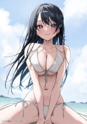 Rule 34 | 1girl, bare arms, bare shoulders, bikini, black hair, blush, breasts, character request, chigusa minori, cleavage, closed mouth, collarbone, copyright request, day, hair ornament, highres, large breasts, long hair, looking at viewer, navel, outdoors, side-tie bikini bottom, sitting, smile, solo, swimsuit, thighs, underboob, wariza, water, wet, white bikini