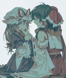 Rule 34 | 2girls, :t, aged down, bare shoulders, blonde hair, bow, brown hair, closed mouth, commentary, commentary request, detached sleeves, dress, english commentary, frilled bow, frilled hair tubes, frills, hair between eyes, hair bow, hair ribbon, hair tubes, hakurei reimu, hat, hat ribbon, huang gua, long hair, long sleeves, looking at another, medium hair, mixed-language commentary, mob cap, multiple girls, muted color, nontraditional miko, open mouth, puffy short sleeves, puffy sleeves, purple dress, purple eyes, red bow, red ribbon, red shirt, red skirt, ribbon, ribbon-trimmed sleeves, ribbon trim, scarf, shirt, short sleeves, sidelocks, simple background, sitting, skirt, skirt set, sleeveless, sleeveless shirt, touhou, white background, white headwear, wide sleeves, yakumo yukari, yakumo yukari (young)