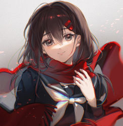 Rule 34 | 1girl, ayano no koufuku riron (vocaloid), black eyes, black shirt, blouse, brown hair, chromatic aberration, closed mouth, commentary, hair between eyes, hair ornament, hairclip, hand on own chest, hand up, highres, kagerou project, light particles, looking at viewer, medium hair, neckerchief, red scarf, rumoon, sailor collar, scarf, shirt, smile, solo, tateyama ayano, upper body, vocaloid, white neckerchief