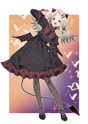 Rule 34 | 1girl, absurdres, bat (animal), black dress, colored eyelashes, commentary request, demon horns, demon tail, demon wings, dress, fang, fingernails, frilled dress, frills, full body, gakuen idolmaster, gao, gradient hair, grey hair, highres, horns, idolmaster, lace pantyhose, light brown hair, lolita fashion, looking at viewer, multicolored hair, nail polish, orange eyes, shinosawa hiro, silhouette, skin fang, solo, tail, tamago sando, twintails, two-tone dress, wings