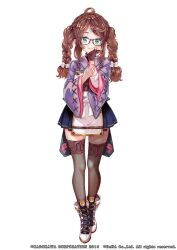 Rule 34 | 1girl, amame mikage, blue skirt, boots, bow, braid, brown hair, cross-laced footwear, dress, fingerless gloves, glasses, gloves, green eyes, hair bow, hair ornament, hand on own arm, hand on own chin, hand up, highres, japanese clothes, lace-up boots, official art, pisuke, purple dress, skirt, smile, tenka hyakken, thighhighs, twin braids, twintails, wide sleeves, x hair ornament