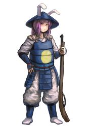 Rule 34 | 1girl, animal ears, armor, blue hat, chanta (ayatakaoisii), closed mouth, ears through headwear, faulds, full body, gun, hat, highres, holding, holding gun, holding weapon, japanese armor, jingasa, legs apart, musket, pants, pants tucked in, pink hair, ponytail, puffy pants, rabbit ears, red eyes, reisen udongein inaba, ringed eyes, simple background, soldier, solo, standing, touhou, weapon, white background, white pants