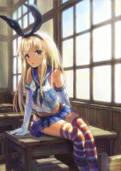 Rule 34 | 10s, 1girl, :o, arm support, blonde hair, blue skirt, buttons, chair, classroom, crop top, desk, double-breasted, elbow gloves, gloves, grey eyes, hair ribbon, halterneck, highleg, highleg panties, indoors, kantai collection, leaning to the side, legs together, long hair, looking at viewer, microskirt, midriff, miniskirt, miyai haruki, neckerchief, on desk, panties, purple eyes, revision, ribbon, school, school desk, school uniform, serafuku, shimakaze (kancolle), sitting, skirt, sleeveless, solo, striped clothes, striped thighhighs, sunlight, thighhighs, underwear, white gloves, window, window shadow
