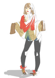 Rule 34 | 1girl, ankle boots, boots, brown footwear, flat color, light brown hair, long sleeves, medium hair, original, red scarf, scarf, shirt, sho (gohan), sleeves past wrists, solo, white background, white shirt