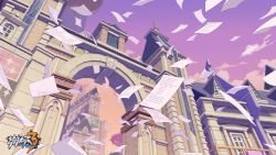 Rule 34 | building, chinese commentary, cloud, day, highres, honkai (series), honkai impact 3rd, logo, official art, official wallpaper, paper, pink sky, purple sky, sky, too many papers, tree, window
