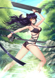 Rule 34 | 1girl, adsouto, animal ears, arm up, armpits, artist name, bikini, black bikini, black hair, blake belladonna, blue sky, blush, breasts, cat ears, cat girl, cleavage, collarbone, covered erect nipples, day, floating hair, forest, hair between eyes, highres, holding, holding sword, holding weapon, large breasts, long hair, nature, open mouth, outdoors, rwby, sky, soaking feet, solo, standing, sunlight, swimsuit, sword, very long hair, wading, weapon, yellow eyes