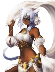 Rule 34 | 10s, 1girl, amano kaito, animal ears, bad id, bad pixiv id, bare shoulders, blush, breasts, cat ears, cat tail, dancer, dark-skinned female, dark skin, facial mark, female focus, final fantasy, final fantasy xiv, green eyes, jewelry, kite amano, long hair, lots of jewelry, midriff, miqo&#039;te, navel, sarong, smile, solo, tail, warrior of light (ff14), white hair