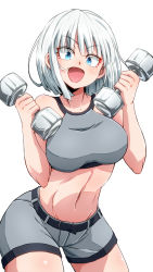 Rule 34 | 1girl, aono3, blue eyes, blush, bra, breasts, dumbbell, dumbbell nan kilo moteru?, gina boyd, grey bra, grey shorts, grey sports bra, highres, large breasts, looking at viewer, navel, open mouth, short hair, shorts, smile, solo, sports bra, toned, underwear, white hair