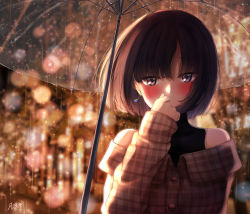 Rule 34 | 1girl, artist name, bad id, bad pixiv id, black shirt, blurry, blurry background, blush, brown hair, brown jacket, commentary request, earrings, grey eyes, hand to own mouth, highres, jacket, jewelry, looking at viewer, off-shoulder jacket, off shoulder, original, shirt, short hair, sidelocks, sleeveless, solo, tsukiyono, umbrella