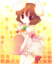 Rule 34 | 1girl, ana (rznuscrf), animal ears, bad id, bad pixiv id, brown hair, rabbit ears, carrot, female focus, heart, inaba tewi, looking at viewer, no nose, red eyes, short hair, slit pupils, smile, solo, tail, thigh gap, touhou