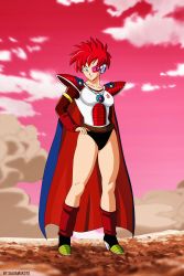 Rule 34 | 1girl, absurdres, armor, artist name, boots, cape, dragon ball, dragonball z, female focus, full body, grey eyes, hand on own hip, heels, highres, jewelry, long sleeves, looking at viewer, necklace, original, red-tinted eyewear, red hair, saiyan, saiyan armor, scouter, short hair, sky, smile, smirk, solo, standing, tagme, tail, thighs, tinted eyewear