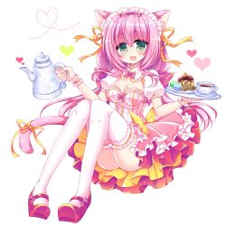 Rule 34 | 1girl, :d, animal ears, blush, bow, breasts, cat ears, cleavage, commentary request, cup, dress, food, full body, green eyes, hair between eyes, hair bow, hair ribbon, hands up, heart, holding, holding tray, long hair, macaron, maid, mary janes, medium breasts, open mouth, original, pink bow, pink dress, pink hair, puffy short sleeves, puffy sleeves, red bow, red footwear, ribbon, saucer, shikito (yawa0w0), shoes, short sleeves, simple background, sitting, smile, solo, tea, teacup, teapot, thighhighs, tray, very long hair, white background, white thighhighs, wrist cuffs, yellow ribbon