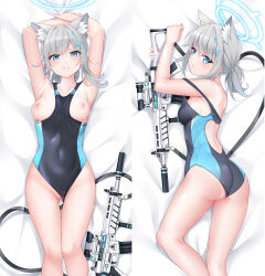 Rule 34 | 1girl, absurdres, animal ear fluff, animal ears, armpits, arms up, ass, back, bed sheet, between breasts, black one-piece swimsuit, blue archive, blush, breasts, breasts out, competition swimsuit, cross hair ornament, dakimakura (medium), extra ears, feet out of frame, from above, gluteal fold, grey hair, gun, hair ornament, halo, highres, long hair, looking at viewer, lying, masabodo, medium breasts, multiple views, nipples, on back, on stomach, one-piece swimsuit, one-piece tan, pussy, shiroko (blue archive), short ponytail, strap slip, swimsuit, tan, tanline, thigh gap, uncensored, weapon, wolf ears